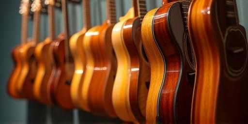 A row of beautifully crafted acoustic guitars hanging on a wall.